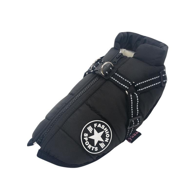 Black Dogegis warm padded dog coat featuring a windproof outer shell and smooth zipper closure