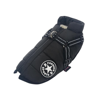 Black Dogegis warm padded dog coat featuring a windproof outer shell and smooth zipper closure