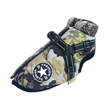 Camo patterned Dogegis waterproof winter dog jacket built for rugged outdoor exploration