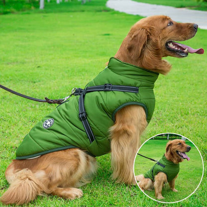 A dog resting on grass while wearing the military green Dogegis winter dog jacket