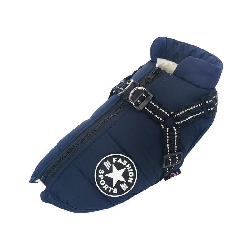 Navy blue Dogegis winter dog jacket with built-in harness for cold-weather walks