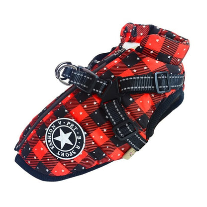 Classic plaid Dogegis winter dog jacket with a built-in harness and thick warm padding