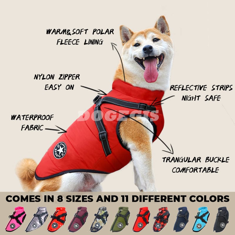 Waterproof winter dog jacket by Dogegis featuring built-in harness, polar fleece lining, and reflective strips in red