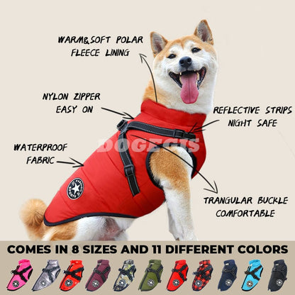 Waterproof winter dog jacket by Dogegis featuring built-in harness, polar fleece lining, and reflective strips in red