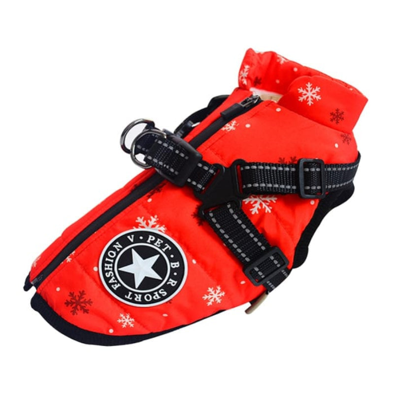 Festive red snowflake patterned Dogegis winter dog coat for holiday walks