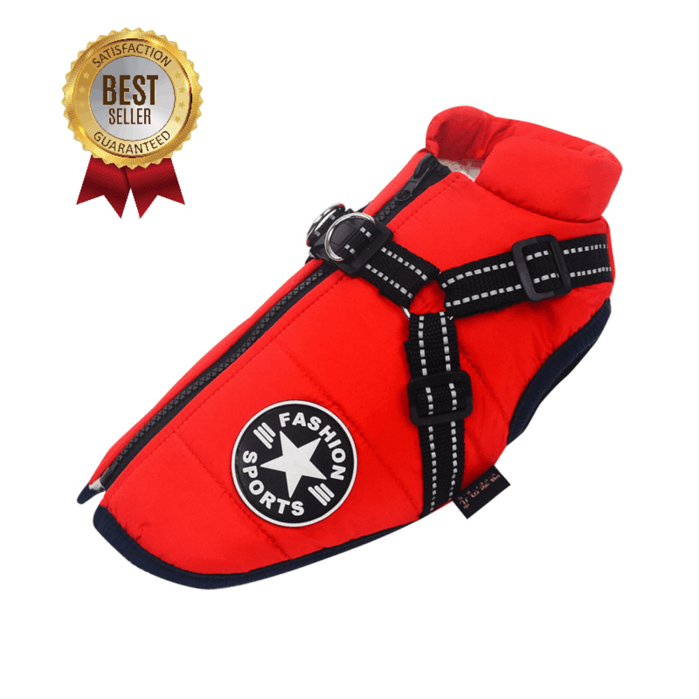 Red Dogegis waterproof winter dog jacket with integrated harness and warm padded insulation.