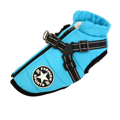 Sky blue Dogegis winter dog coat with a shrinkable high collar band to prevent wind